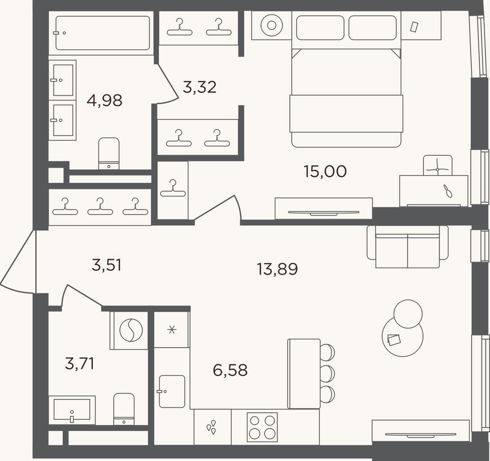 Планировка: 2-к, 51 м²