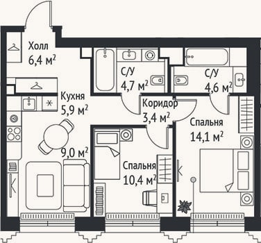Планировка: 3-к, 58,5 м²