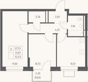 Планировка: 2-к, 51,9 м²