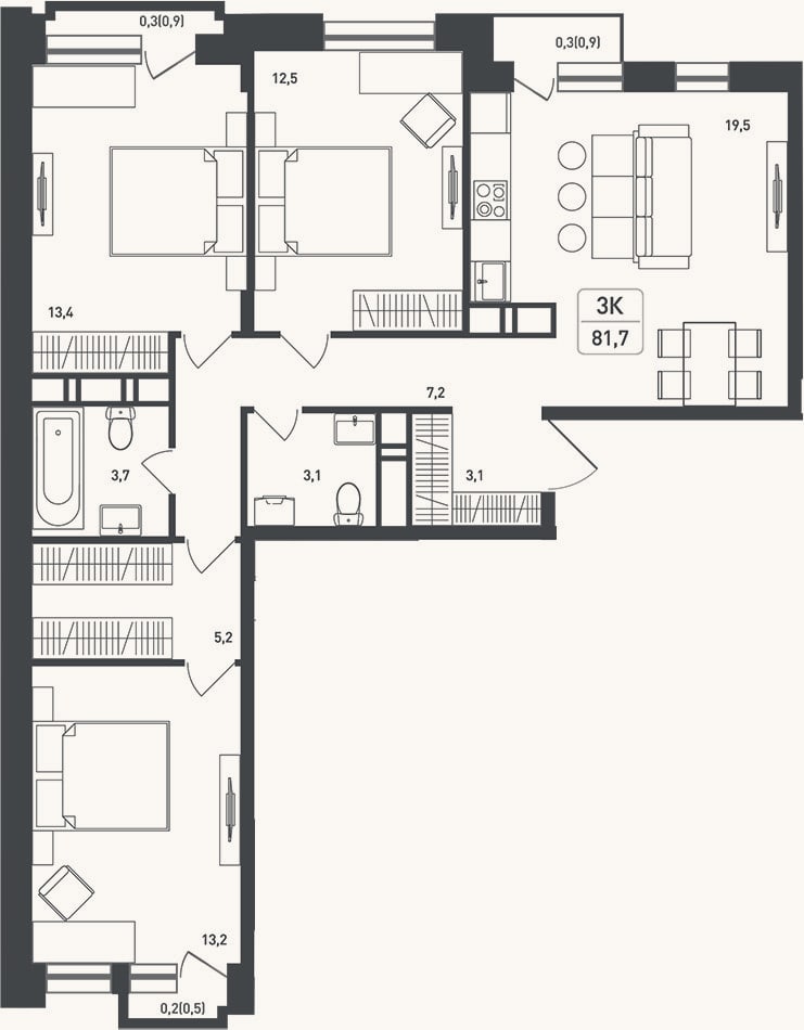 Планировка: 3-к, 84,1 м²