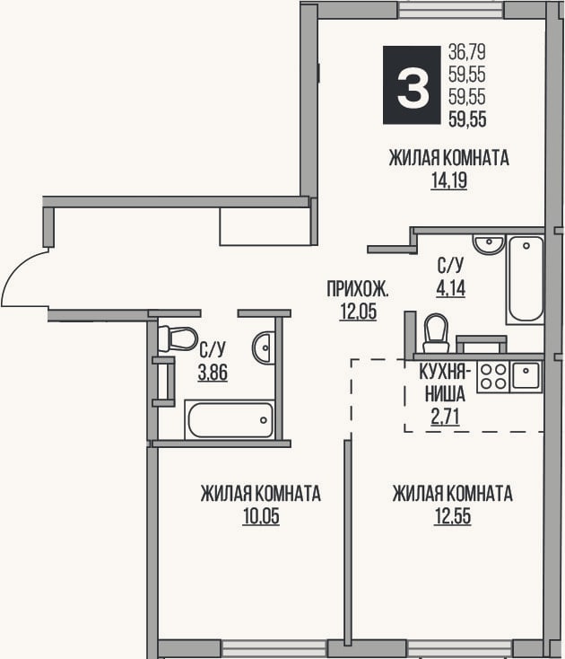 Планировка: 3-к, 59,6 м²