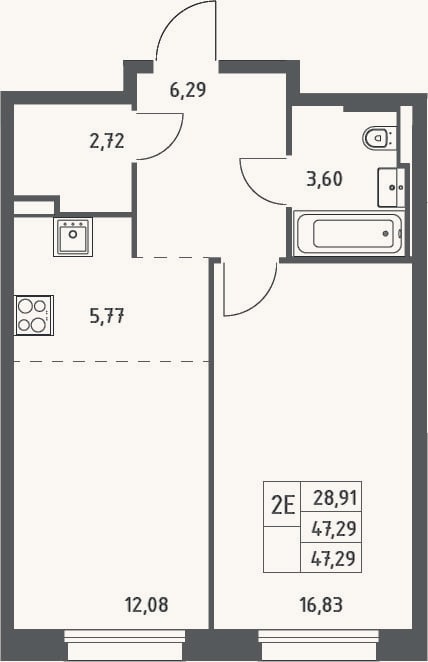Планировка: 2-к, 47,3 м²