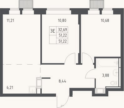 Планировка: 3-к, 51,2 м²