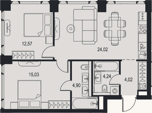 Планировка: 3-к, 64,8 м²