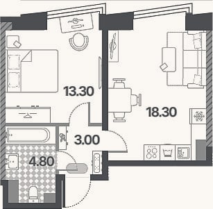 Планировка: 2-к, 39,4 м²