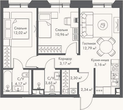 Планировка: 3-к, 56,6 м²
