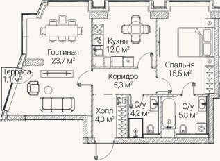 Планировка: 2-к, 70 м²