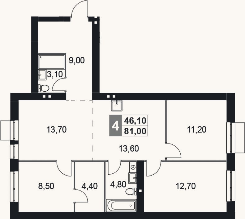 Планировка: 4+ к, 81 м²