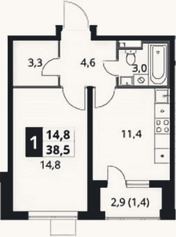 Планировка: 1-к, 37,1 м²