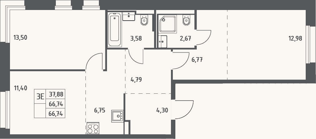 Планировка: 3-к, 66,7 м²