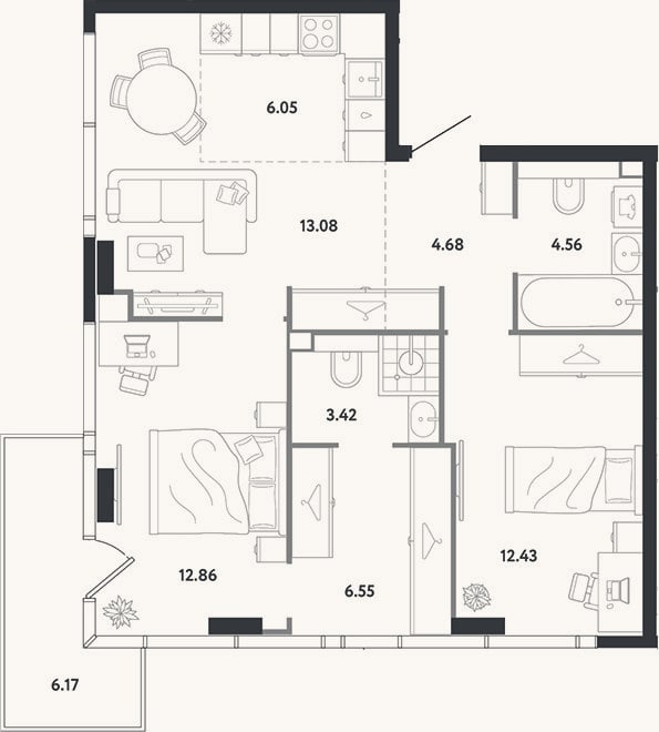 Планировка: 2-к, 63,6 м²