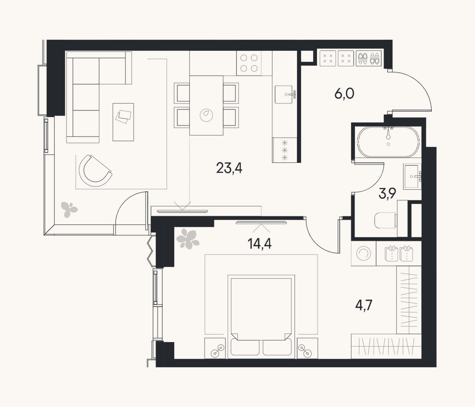 Планировка: 2-к, 52,4 м²