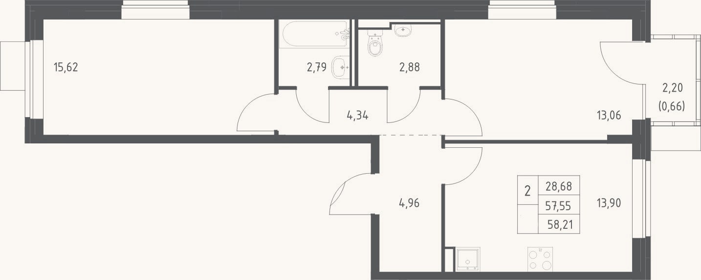 Планировка: 2-к, 57,6 м²