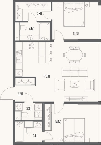 Планировка: 2-к, 78,4 м²