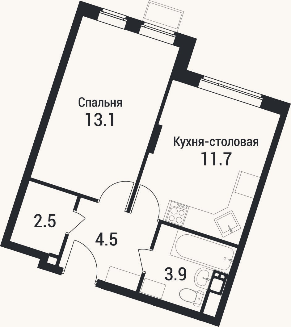 Планировка: 1-к, 35,7 м²