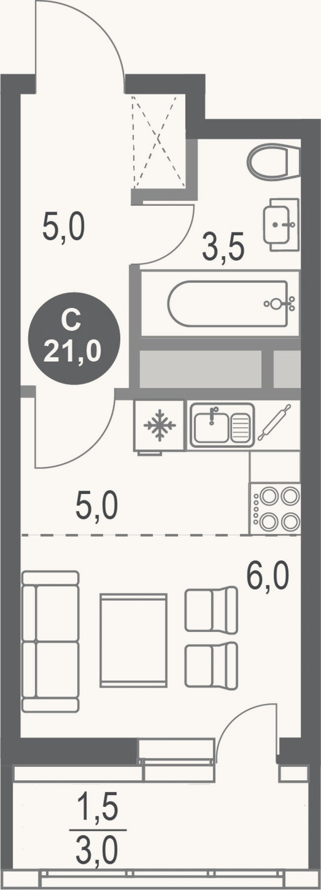 Планировка: Студия, 19,5 м²