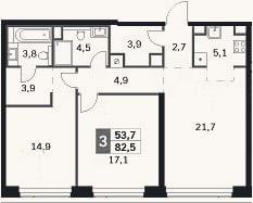 Планировка: 3-к, 82,5 м²