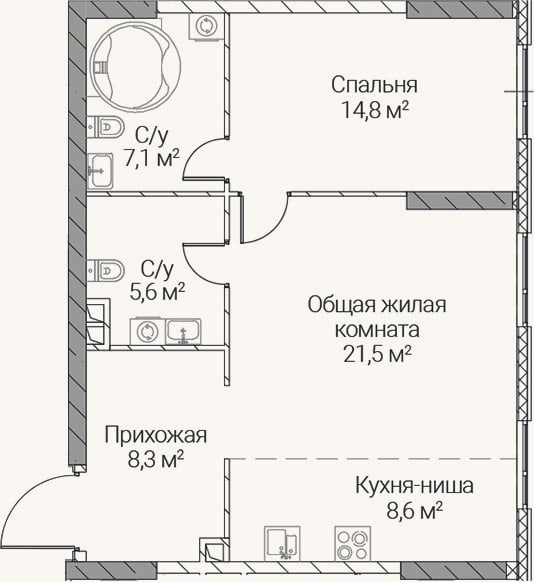 Планировка: 2-к, 65,9 м²