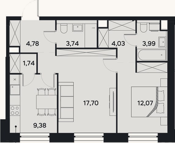 Планировка: 2-к, 57,4 м²