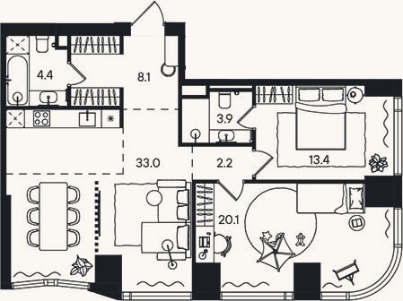 Планировка: 3-к, 86,3 м²
