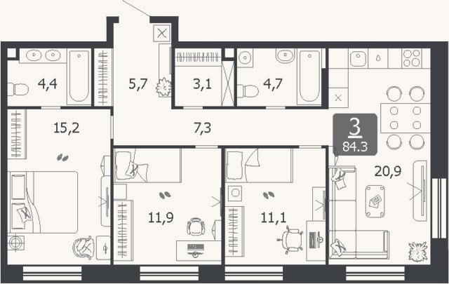 Планировка: 4+ к, 84,3 м²