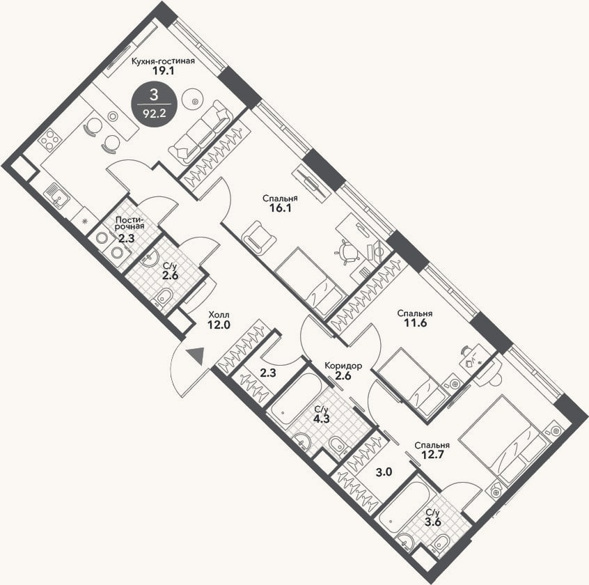 Планировка: 4+ к, 92,2 м²
