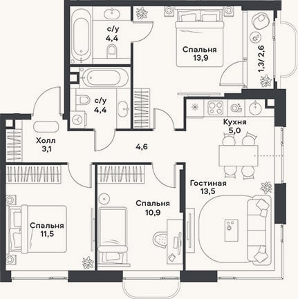 Планировка: 4+ к, 71,3 м²