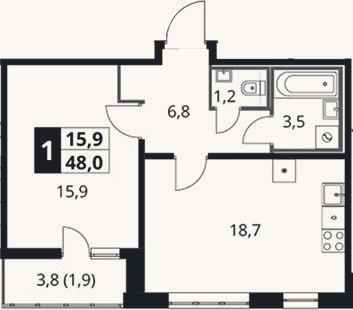 Планировка: 1-к, 46,1 м²