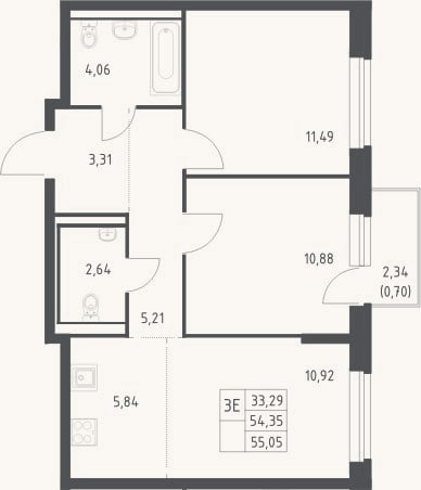 Планировка: 3-к, 54,4 м²