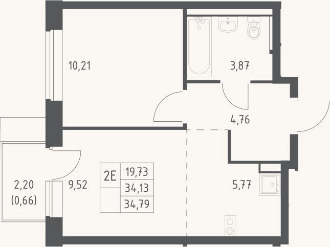 Планировка: 2-к, 34,1 м²