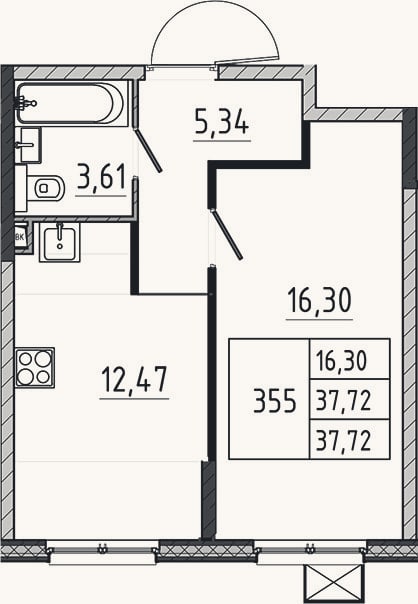 Планировка: 1-к, 37,7 м²