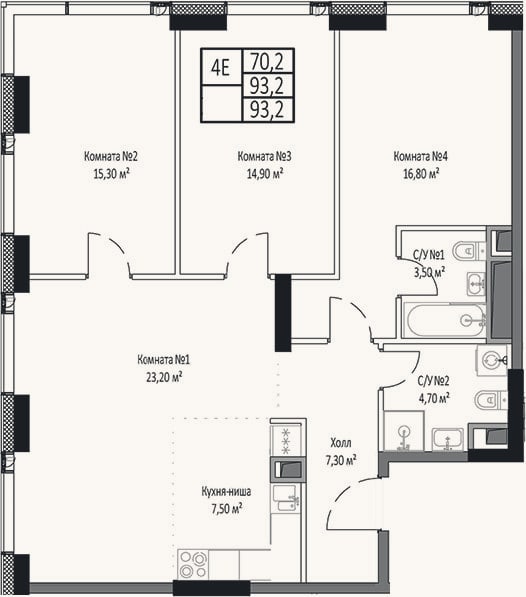 Планировка: 4+ к, 93,2 м²