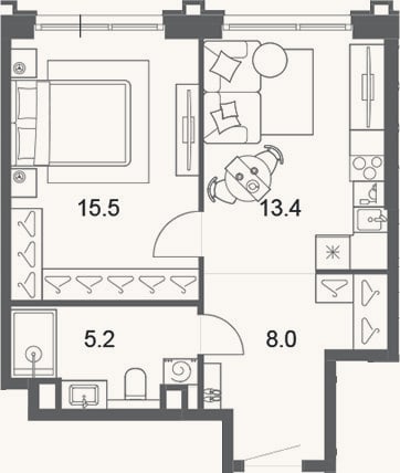 Планировка: 2-к, 42,1 м²