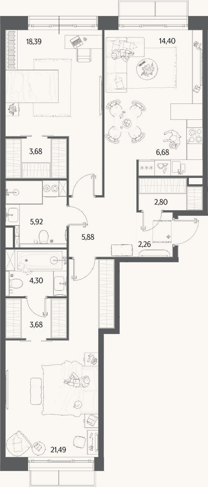 Планировка: 3-к, 89,5 м²