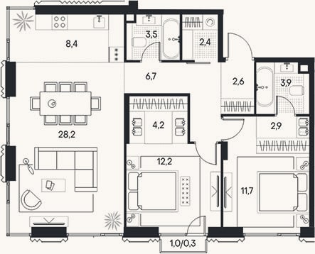 Планировка: 3-к, 86,6 м²