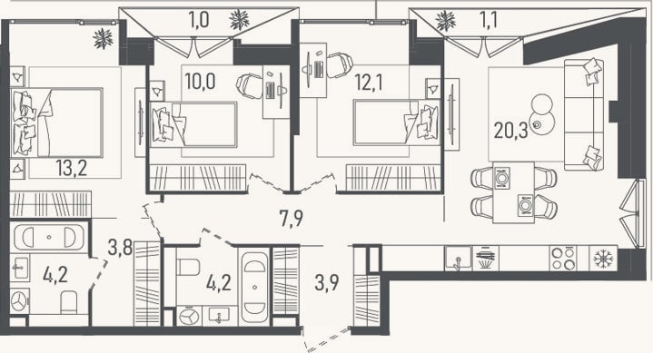Планировка: 4+ к, 79 м²