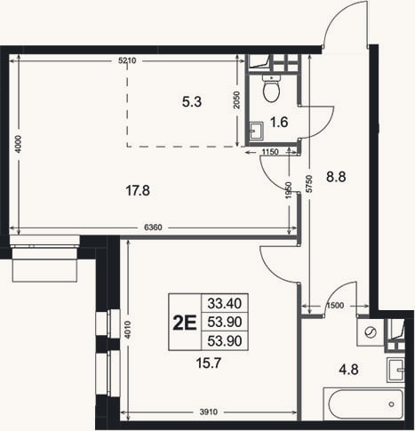 Планировка: 2-к, 53,9 м²