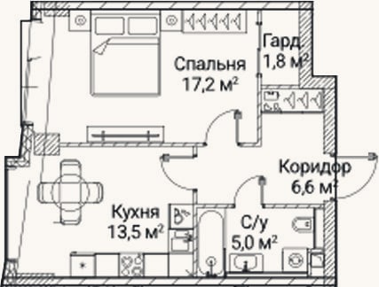 Планировка: 1-к, 43,9 м²