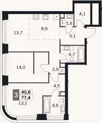 Планировка: 3-к, 77,4 м²