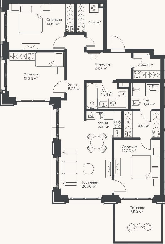 Планировка: 4+ к, 93,5 м²