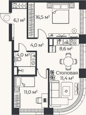 Планировка: 3-к, 61,5 м²