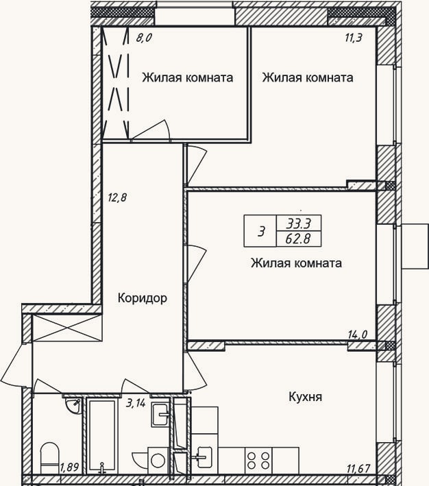 Планировка: 3-к, 62,8 м²