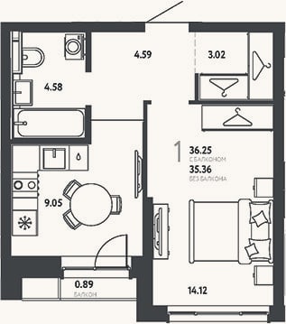 Планировка: 1-к, 35,4 м²