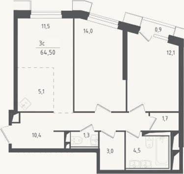 Планировка: 3-к, 63,6 м²