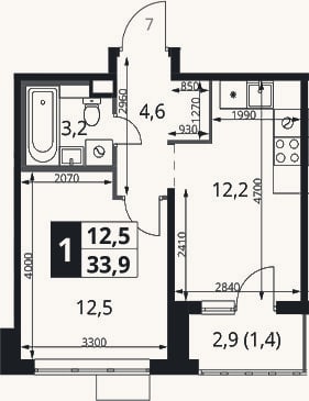 Планировка: 1-к, 32,5 м²
