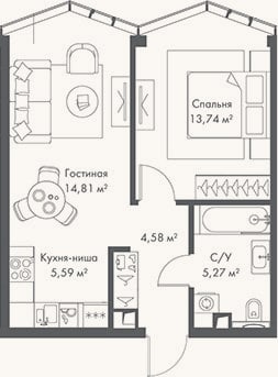 Планировка: 2-к, 44 м²