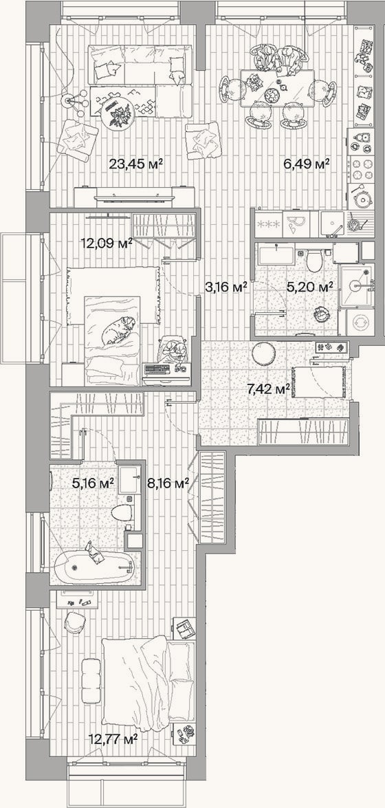 Планировка: 3-к, 83,9 м²