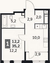 Планировка: 1-к, 32,3 м²