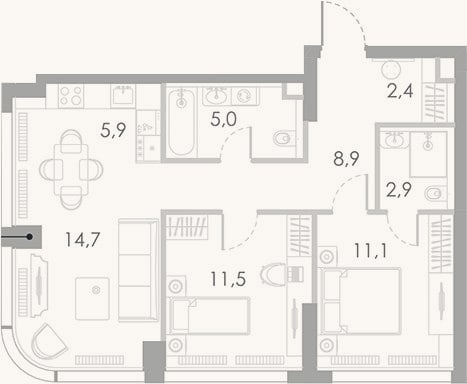 Планировка: 3-к, 62,4 м²