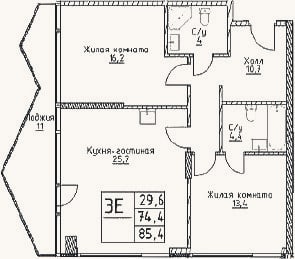 Планировка: 3-к, 74,4 м²